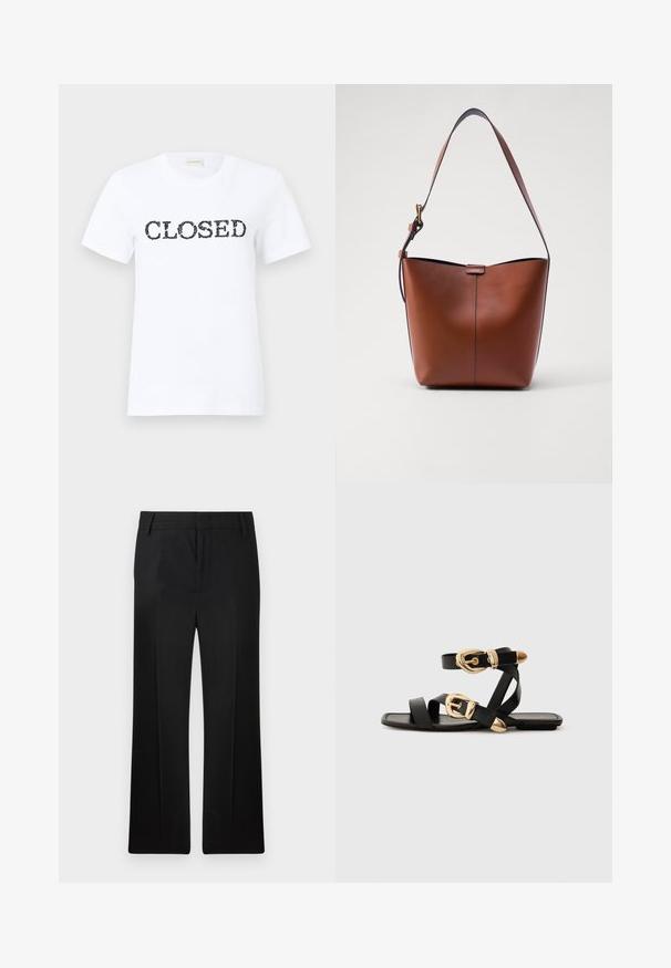 Witte katoen t-shirt met het woord "CLOSED" in zwarte, vetgedrukte letters over de voorkant gedrukt. Korte mouwen en een klassieke ronde halslijn.; Zwarte broek, recht model, gemaakt van soepel materiaal. Heeft subtiele voorplooien en een platte tailleband met riemlussen.; Zwarte leren sandaal met gouden gespaccenten, voorzien van meerdere banden en een vlakke zool voor open-teenschoen gebruik.; Bruine leren schoudertas met een gebogen vorm, gladde textuur en een enkele dunne schouderband. Heeft een subtiele naad en een klein logo-detail.