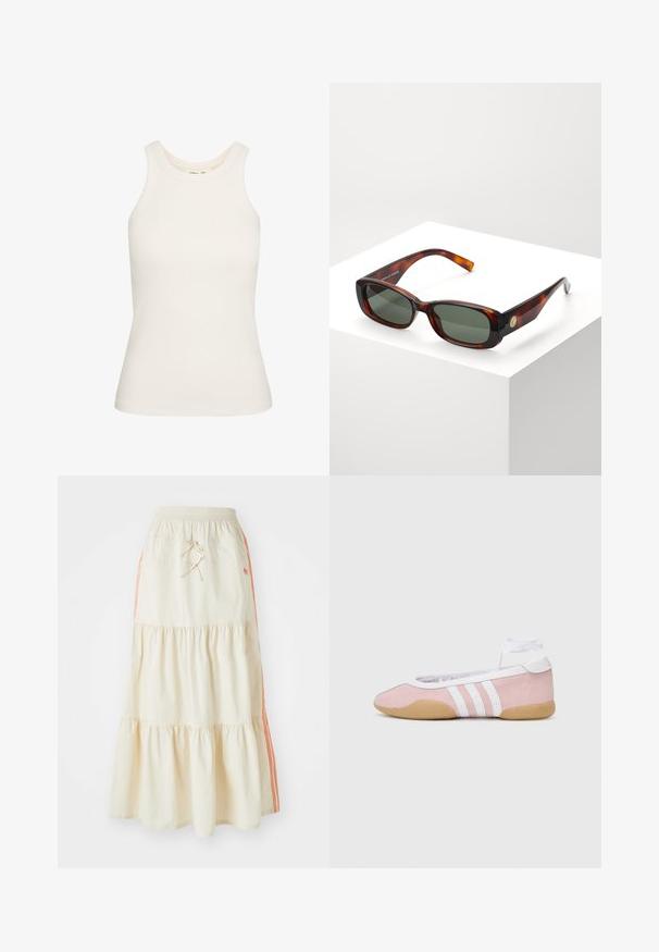 Top alb din material elastic cu textură ribabilă, având decolteu rotund și un design fără mâneci. Textură netedă, formă ajustată.; Fusta midi în straturi de culoare crem, cu talie elastică și șnur. Prezentă dungi laterale portocalii și o textură din bumbac moale și neted.; adidas Originals TAEKWONDO MEI BALLET - Sneakers low - clear pink/ftwr white/gum; Ochelari de soare rectangulari din material de țestoasă cu lentile verzi. Ramă largă, finisaj neted, accent de aur pe laterală și temple subțiri.