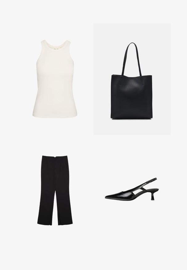 Hvid tanktop lavet af strækbart ribbet stof, med en rund halsudskæring og ærmeløs design. Glat tekstur, tætsiddende form.; Sorte bukser med lige pasform, der har frontlommer og slidser i kanten. Lavet af blødt, glat stof. Velegnet til forskellige anledninger.; Sorte patentlæder slingback hæle med spids tå, udskåret sideskærm og en lille firkantet hæl. Glat tekstur med minimale detaljer.; Sort læder tote taske med glat tekstur, rektangulær form og to lange hanke. Ingen synlig hardware eller udsmykninger.