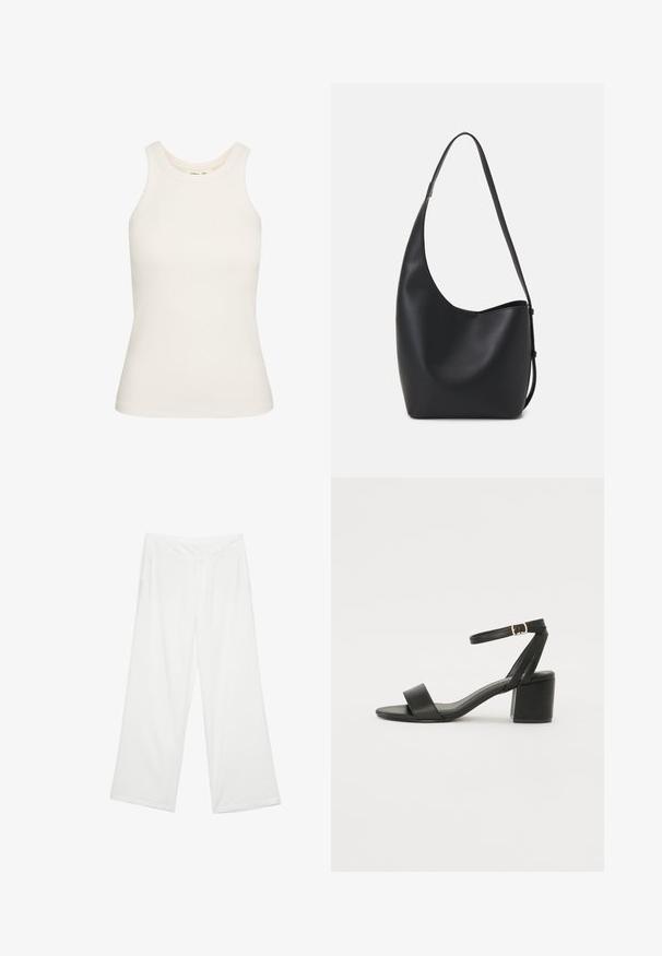 Bela majica na naramenice iz raztegljive rebraste tkanine, z okroglim izrezom in brezrokavnim dizajnom. Gladka tekstura, prilegajoča se oblika.; Široke hlače iz belega blaga, ki se ponašajo z gladko teksturo, sprednjimi žepi in klasičnim pasom z zankami za pas.; Črne sandale na peto z gladkim usnjenim zgornjim delom, odprtim nosom, širokimi sprednjimi trakovi in nastavljivim gležnjenčkom z zlatim zaponko.; Črna usnjena hobo torba z gladko teksturo, ukrivljeno obliko in eno nastavljivo naramnico; ima širok odprtina na vrhu.