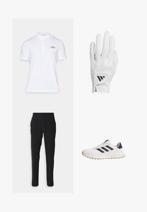 Callaway TOURNAMENT - Poloshirt - white; Zwarte broek met een rechte pijp, voorzien van een enkele voorzak, riemlussen en een knoopsluiting. Glad stofoppervlak.; Witte sportieve schoenen met zwarte strepen, voorzien van een gestructureerde rubberen zool, een gladleren bovenwerk en een gevoerde kraag voor extra ondersteuning.; Witte leren golfhandschoen met geperforeerde vingers, textuurstiksels en een zwart accent logo op de pols. Smal ontwerp voor extra grip.