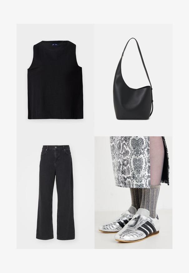 Svart ermeløs topp med rund hals, laget av et glatt stoff. Har en rett skjæring og ren kant, minimalistisk design.; Sorte høy midje rett ben jeans med frontknapp, beltehemper og lommer, vist mot en hvit bakgrunn.; Sølv fottballsko med svarte striper og en strømlinjeformet design, kombinert med teksturerte grå og gullstripede sokker og et mønstrete skjørt.; Svart lær hobo-veske med glatt tekstur, buet form og enkelt justerbart stropp; har en bred åpning på toppen.