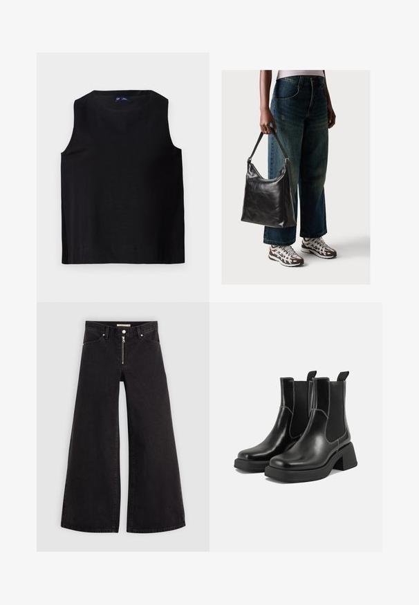Black sleeveless top with a round neckline, made from a smooth fabric. Features a straight cut and clean hem, minimalistic design.; Wide-leg jeans in black denim with a zippered front, five-pocket design, and subtle stitching details. Smooth texture and casual style.; Black leather Chelsea boots with a chunky heel, elastic side panels, and contrasting white stitching. Textured finish.; Black leather shoulder bag with a smooth texture and adjustable strap, paired with faded wide-leg jeans and athletic sneakers.
