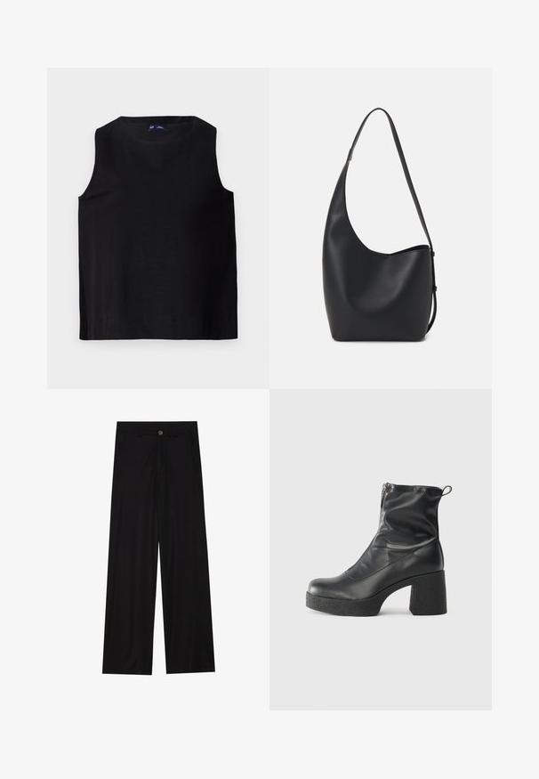 Schwarzes ärmelloses Oberteil mit rundem Ausschnitt, aus glattem Stoff gefertigt. Hat einen geraden Schnitt und einen sauberen Saum, minimalistisches Design.; Schwarz weit geschnittene Hose aus einem glatten Stoff, mit frontalen Taschen und einem Knopfverschluss an der Taille. Minimalistisches Design ohne Muster.; Schwarze Stiefeletten aus glattem Leder mit seitlichem Reißverschluss, klobigem strukturiertem Absatz und runder Zehenform.; Schwarze Leder-Hobo-Tasche mit einer glatten Textur, geschwungener Form und einem einzelnen verstellbaren Tragegurt; verfügt über eine weite Öffnung am oberen Ende.