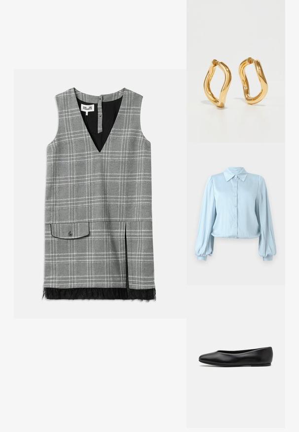 Hofmann Copenhagen FLORA - Button-down blouse - lavender blue; Gray plaid sleeveless dress with a V-neck, side pocket, and lace trim at the hem. Features a black lining and button closure at the back.; Paul Smith TOPANGA - Ballet pumps - black; Gold-colored hoop earrings with a curved, irregular shape and a smooth, polished texture. No visible hardware or accents.