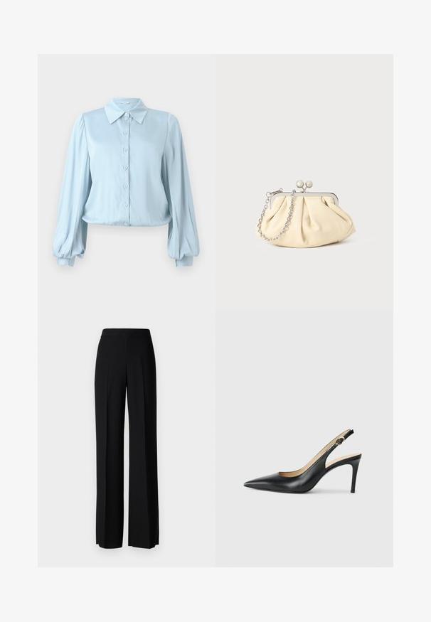 Hofmann Copenhagen FLORA - Blusa com botões - lavender blue; Calças largas pretas com uma textura suave, apresentando uma cintura alta e pregas centrais. Sem padrões visíveis ou detalhes em metal.; Saltos altos slingback em couro preto, com bico fino, tira ajustável e um elegante salto stiletto, apresentando um acabamento suave.; Clutch de couro bege plissado com uma estrutura de metal prateado, apresentando dois fechos decorativos redondos e uma alça de corrente prateada.