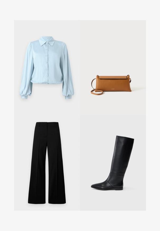 Hofmann Copenhagen FLORA - Button-down blouse - lavender blue; Black wide-leg trousers featuring a smooth texture, structured waistband, and front pleats. Minimalist design with no visible hardware.; Black leather knee-high boot with a pointed toe and minimal design. Smooth texture and flat sole, featuring discreet side stitching details.; Brown leather clutch bag, rectangular shape, textured surface, detachable strap, zip closure, subtle logo embossed on front.