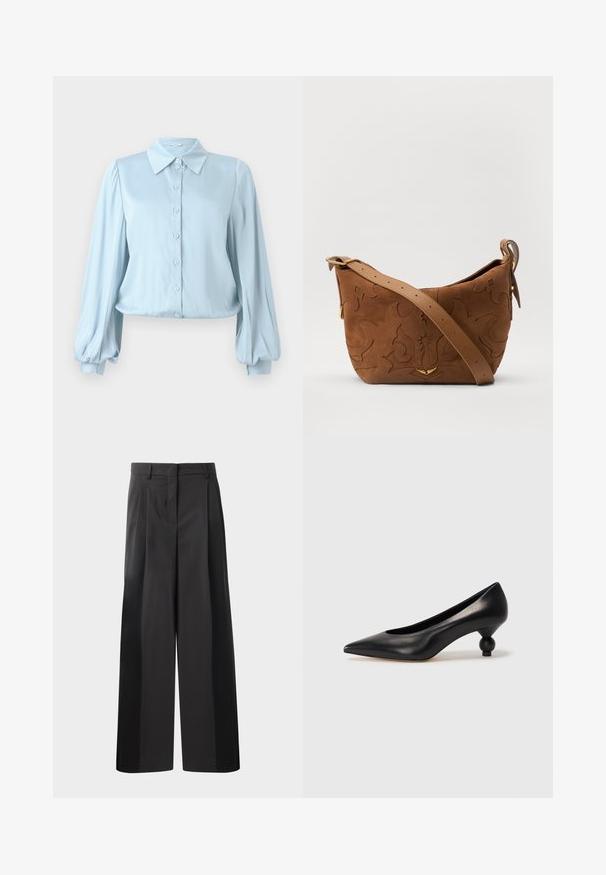 Hofmann Copenhagen FLORA - Blúzka so zapínaním na gombíky - lavender blue; Čierne široké nohavice s vysokým pásom, so záhybmi vpredu, hladkou textúrou a prispôsobeným strihom. Navrhnuté pre uvoľnený strih.; Čierna kožená vysoká topánka na podpätku s ostrým špičkou a okrúhlym, guľatým podpätkom. Hladký povrch s moderným, minimalistickým dizajnom.; Hnedá semišová kabelka na rameno s embosovaným kvetinovým vzorom, doplnená hladkým hnedým koženým popruhom a zlatými kovovými doplnkami.