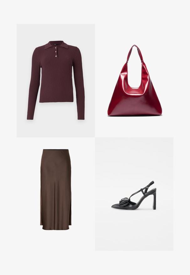 Polo à manches longues côtelé de couleur bordeaux foncé avec un petit col et trois boutons au niveau du cou. Texture douce avec une silhouette ajustée.; Jupe en satin marron au design droit, avec des fentes latérales pour faciliter le mouvement et une texture lisse sur tout le tissu.; Chaussure noire à talons hauts avec un bout pointu, texture brillante, fines lanières et un détail plissé décoratif à l'avant.; Sac à main en cuir laqué rouge de forme triangulaire, avec une large ouverture en haut et une seule anse courbée. Texture lisse avec des détails de couture minimaux.