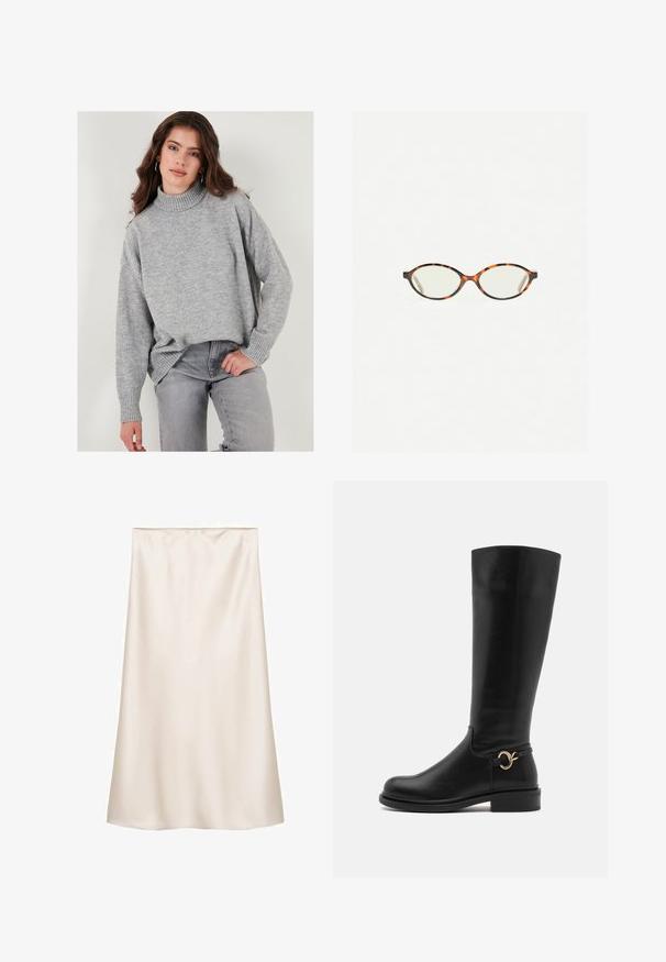 Pulover oversized, de culoare gri deschis, cu guler înalt, dintr-o țesătură moale, cu manșete cu nervuri, asortat cu blugi gri. Design simplu și contemporan.; Fustă midi din satin, de culoare albă murdară, cu croială dreaptă, talie elastică, textură netedă și fără modele sau accente vizibile.; Anna Field Wide Fit Cizme - black; Ochelari cu ramă din tartan, cu lentile ovale și un finisaj elegant, neted. Prezintă margini subțiri cu o curbură subtilă la tâmple. Lentile clare.; Geantă din faux leather de culoare crem, moale, cu un design pliat, bretele ajustabile și un închizător discret cu șnur. Textură netedă și formă rotunjită.; Cercei din argint cu suprafețe rotunjite și reflectorizante; design minimalist cu textură netedă și detaliu subtil de branding.
