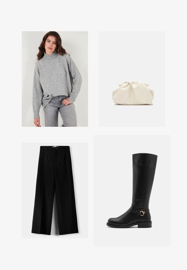 Hellgrauer, übergroßer Rollkragenpullover aus weichem Strickstoff mit gerippten Bündchen, kombiniert mit passenden grauen Jeans. Schlichtes, modernes Design.; Schwarze weite Hosen aus leichtem Stoff, mit einem Knopfverschluss vorne und flachem Bund, mit sorgfältig genähten Säumen.; Anna Field Wide Fit Stiefel - black; Cremfarbener, weicher Kunstlederbeutel mit gerafftem Design, verstellbarem Schultergurt und subtiler Kordelzug-Verschluss. Glatte Textur und runde Form.; Silberne Tropfohrringe mit abgerundeten, reflektierenden Oberflächen; minimalistisches Design mit glatter Textur und subtilen Brandingdetails.