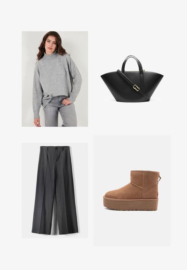 Světle šedý, oversized rolák z měkké pleteniny s žebrovanými manžetami, spárovaný s odpovídajícími šedými džíny. Jednoduchý, moderní design.; Kalhoty s širokými nohavicemi vyrobené z tmavě šedé látky, s knoflíkovým zapínáním, předními sklady a poutky na pásek. Hladká textura s přizpůsobeným střihem.; Hnědé semišové kotníkové boty s platformou, zaoblenou špičkou a prošíváním; mají poutko vzadu pro snadné obouvání.; Černá kožená taška na rameno s širokým, úhlovým tvarem. Obsahuje dvojité horní madla a nastavitelné ramenní popruhy s pozlacenými kovovými doplňky.
