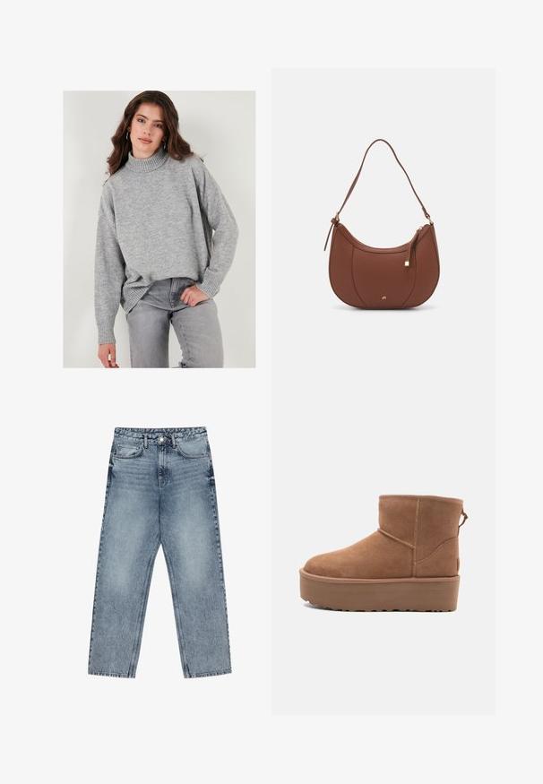 Svetlo sivi, prevelik pulover s turtleneck ovratnikom iz mehke pletenine z rebrastimi manšeti, v kombinaciji z usklajenimi sivimi kavbojkami. Preprost, sodoben dizajn.; Svijetloplave traperice s ravnim krojem, vidljivim šavovima, dizajnom od pet džepova i kopčanjem na gumbu u struku.; Bela antilopova gležnjača s platformom, okruglim vrhom i dekorativnim šavovima; ima uvučenu petlju straga za lakše oblačenje.; Rjava usnjena torbica z ramenskim ročajem, ukrivljene oblike, minimalnim šivom in zlato-tonirano kovinsko dekoracijo. Ima zgornje zapiranje na zadrgo in nastavljiv trak.
