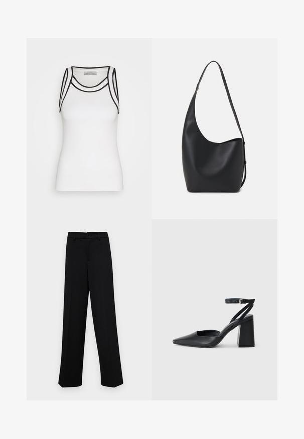 Top de tirantes blanco hecho de tela acanalada, con detalles en negro a lo largo del escote y los ojales de los brazos, con una silueta ajustada.; Pantalones de pierna ancha negros, hechos de un tejido suave, con una cintura clásica que incluye un cierre de botón y pliegues frontales.; Zapato de tacón puntiagudo de cuero negro con tira en el tobillo y tacón ancho. Textura plana, diseño elegante y estética minimalista.; Bolso tipo hobo de cuero negro con una textura suave, forma curvada y una sola correa ajustable; presenta una amplia apertura en la parte superior.