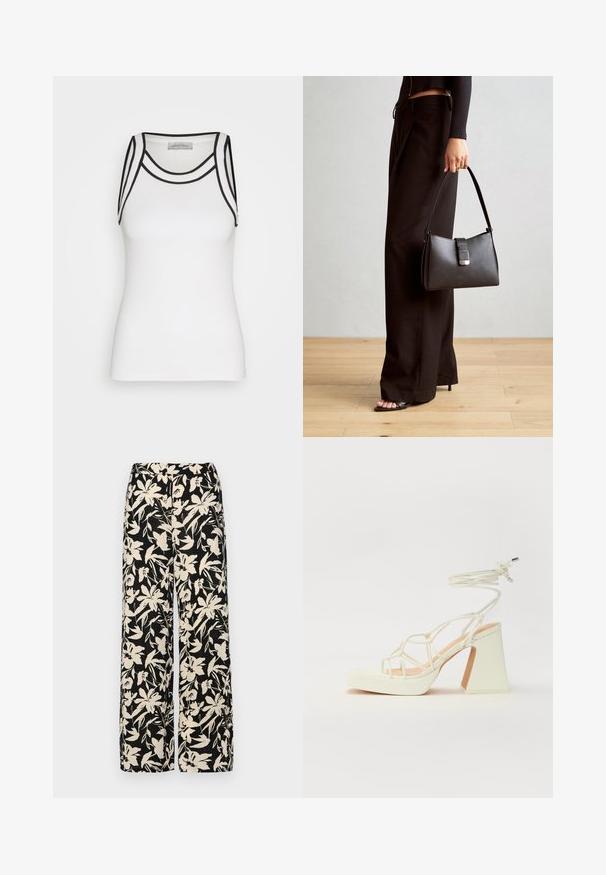 Hvit tanktopp laget av ribbestrikket stoff, med svarte detaljer langs halslinningen og armhullene, med en tettsittende silhuett.; Sorte vide bukser med et cremet blomster mønster. Fremstillet af letvægtsstof, med en glat tekstur og en høj talje.; Hvit høyhælte sandal med kraftig hæl, med en stroppe-design og ankelbånd. Glatt tekstur med plattform foran for ekstra høyde.; Svart håndveske med strukturert form, jevn tekstur og metallisk lås. Kombinert med brede svarte bukser og sandaler med åpen tå på tregulv.