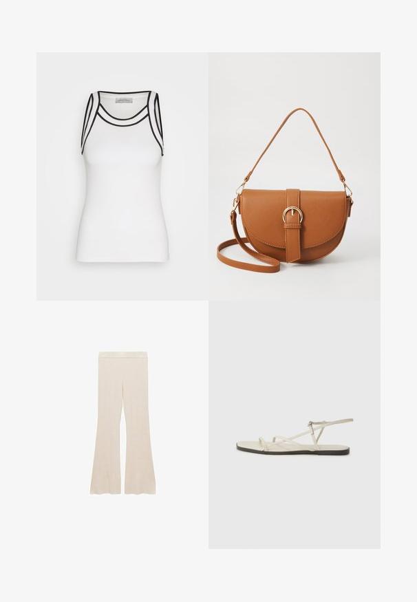 White tank top made of ribbed fabric, featuring black accents along the neckline and armholes, with a fitted silhouette.; Cream ribbed flared pants featuring a smooth waistband and a textured finish, designed for a comfortable fit.; Beige flat sandal with multiple slender straps and an adjustable buckle. The sole is flat with a slight dark contrast at the edge.; Brown leather crossbody bag with a curved shape, gold hardware, and a buckle accent. Features a detachable shoulder strap.