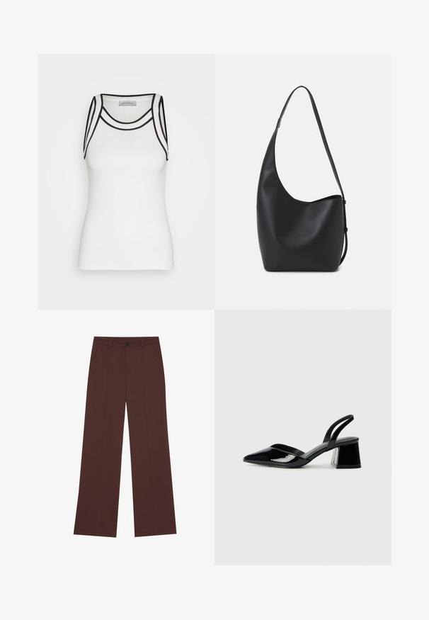 Top branco de alças feito de tecido canelado, com detalhes em preto ao longo da gola e das cavas, apresentando um silhueta ajustada.; Calças largas em tecido castanho escuro. Apresentam um fecho com botão, duas bolsos frontais, textura suave e linhas limpas.; Sandy em verniz preto com salto slingback, ponta afilada e salto geométrico. Apresenta um design elegante e minimalista com textura suave.; Saco hobo preto em pele com uma textura lisa, forma curva e uma única alça ajustável; apresenta uma abertura larga na parte de cima.