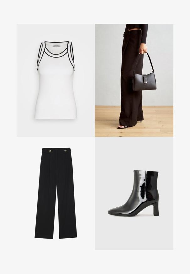 Bijela majica bez rukava od rebrastog materijala, s crnim detaljima duž izreza i oko rukava, u uskom kroju.; Crne hlače širokih nogavica s visokim strukom, s dugmadi na pojasu i prednjim nabora.; Crne lakirane kožne gležnjače s šiljastim prstom i srednje visokom blok petom. Glatka tekstura i minimalistički dizajn.; Crna torba s oblikom koji sadrži strukturu, glađu teksturu i metalnu kopču. Uparena s širokim crnim hlačama i sandalama na otvorenom s drvenog poda.