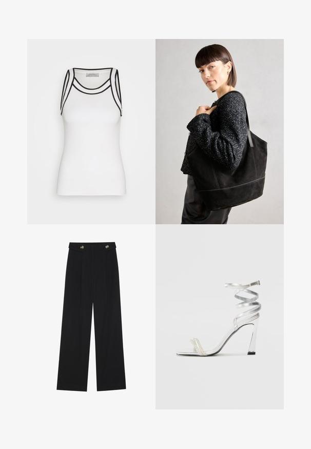 Balts bezpiedurkņu tops, izgatavots no ribota auduma, par kuru raksturīgas melnas akcenti ap kakla un rokas atverēm, ar pieguļošu siluetu.; Melnas platās bikses ar augstu jostasvietu, pogu detaļām uz jostas un priekšējām krokām.; Sudrabaini augstpapēžu sūna ar spīdīgu siksnu dizainu, kurā ir pērlēm līdzīgs akcents un spirālveida potītes siksna drošai pieguvei.; Melnas zamšādas somiņa ar gludu tekstūru, strukturētu formu un kontrastējošu šuvumu. Aprīkota ar garām siksnām pleca nēsāšanai.; Sudraba riņķa auskari ar gludu, apaļu dizainu un pulētu apdari. Tie ir plāni un viegli, ar vienkāršu aizdari.