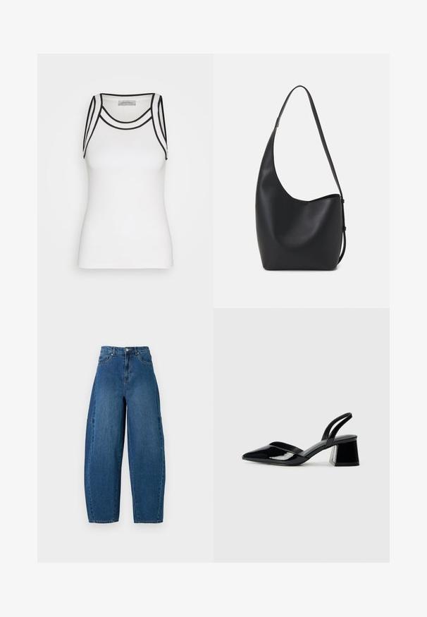 Hvid tanktop lavet af ribbet stof, med sorte accenter langs halsudskæringen og armhullerne, i en tætsiddende silhuet.; Denimjeans i en mellemblå vask, med højt liv, bred benpasform og standard fem-lomme design med synlige stikninger.; Sorte patentlæder slingback hæle med spids tå og en geometrisk blok hæl. Har et elegant, minimalistisk design og en glat tekstur.; Sort læder hobo taske med en glat overflade, buet form og en enkelt justerbar rem; har en bred åbning øverst.
