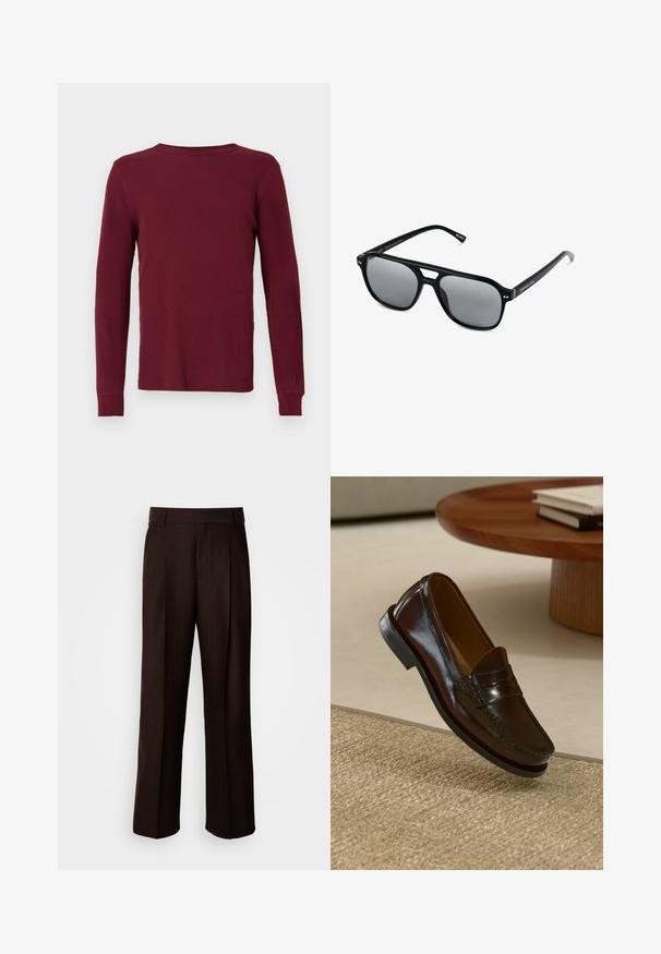 Pitkähiha, ribbikerros, syvän burgundin värinen, jossa on pyöreä pääntie ja tiukasti istuvat hihansuut. Sujuva tekstuuri, ei näkyviä kuvioita tai yksityiskohtia.; Ruskea räätälöity housut suoran lahkeen muotoilulla, joissa on etupleetti, sileä pinta ja klassinen vyötärö. Sopii virallisiin tilaisuuksiin.; Ruiskeanruskeat nahkalenkkarit kiiltävällä pinnalla, joissa on ommeltu yksityiskohta edessä ja matala musta kumipohja.; Mustat aurinkolasit suorakulmaisilla kehyksillä, harmaasävyisillä linsseillä ja siltaleikkauksella. Tyylikäs, kiiltävä muovimateriaali, kapeilla temppeleillä.