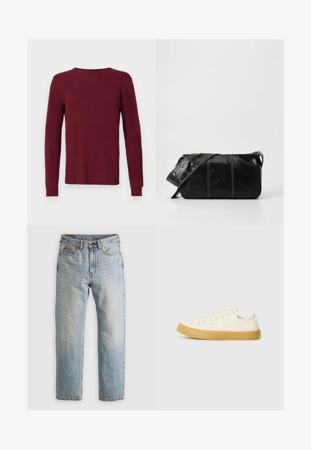 T-shirt à manches longues côtelé de couleur bordeaux profond, avec un col rond et des poignets ajustés. Texture lisse, sans motifs ni accents visibles.; Jean en denim bleu clair à taille haute, avec bouton avant, fermeture éclair et design à cinq poches, posé à plat sur un fond neutre.; Des baskets en toile couleur écru avec un bout rond, dotées de semelles en caoutchouc beige et de cinq œillets pour les lacets, avec une finition texturée sur la tige.; Sac à épaule en cuir noir avec une fermeture éclair, doté d'un corps texturé, de coutures blanches et d'une sangle avec des œillets en argent.