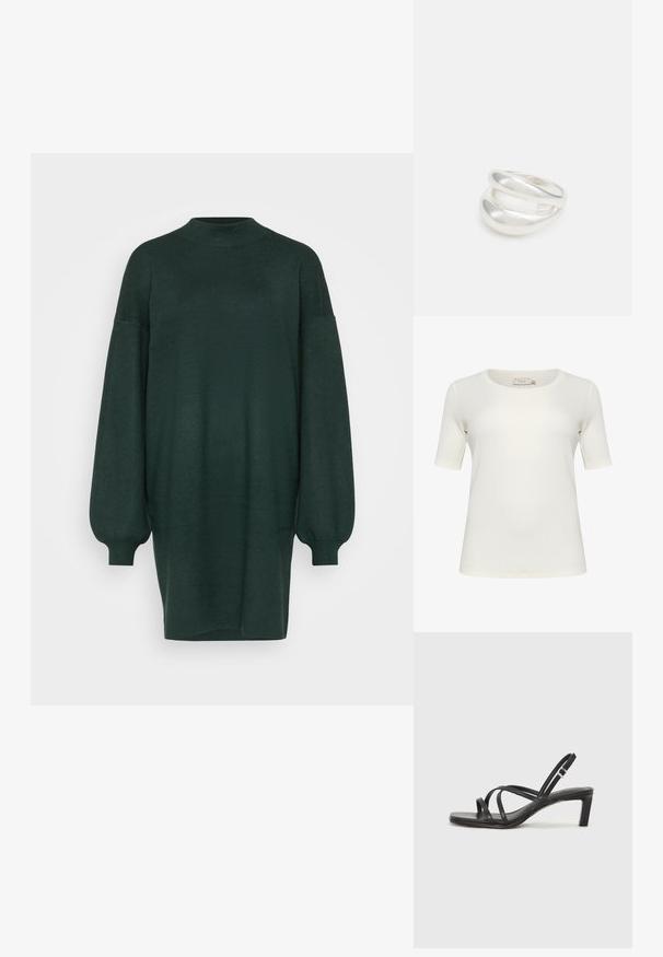 Majica kratkih rukava u boji slonovače, izrađena od mekog pamuka. Ima okrugli izrez i glatku, bešavnu teksturu. Nema značajnijih detalja.; Tamnozeleni oversized pletenička s visokom izrezom, spuštenim rukavima i bujnim dugim rukavima. Mekana tekstura s glatkom površinom.; Crne sandale s trakama, kvadratnim prstom i niskom blok petom. Ima više tankih trakica i podesivu trakicu oko gležnja. Izrađene su od glatke kože.; Crna kožna torba preko tijela s glatkom teksturom, pravokutnim oblikom i metalnim lancem na prednjoj strani. Uključena je podesiva naramenica.; Srebrna dvostruka prsten s glatkom, poliranom površinom. Karakterizira ga fluidan, zakrivljen dizajn s preklapajućim sekcijama za moderan izgled.