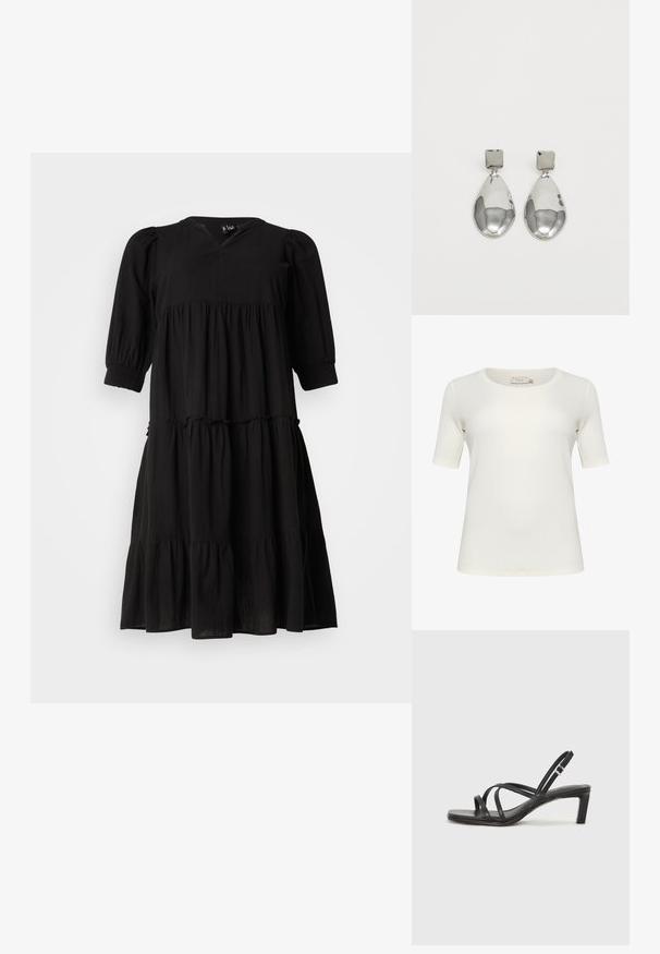 Tricou cu mânecă scurtă de culoare albă murdară, fabricat din bumbac moale. Are un guler rotund și o textură netedă, fără cusături. Fără accente notabile.; Rochie neagră, cu straturi, decolteu în V, mâneci puff și manșete elastice. Confecționată dintr-un material ușor, prezintă o siluetă fluidă și o textură subtilă.; Sandal cu barete negre, cu vârf pătrat și toc mic de bloc. Prezintă mai multe barete subțiri și o bareta ajustabilă la gleznă. Fabricat din piele netedă.; Clutch metalizat de culoare aurie, cu o formă netedă și rotundă, având un închizător tip buton în partea de sus și o curea mică pentru purtare.; Cercei din argint cu stud pătrat, având un finisaj neted și lustruit, într-o formă de lacrimă, care reflectă lumina cu o suprafață lucioasă.