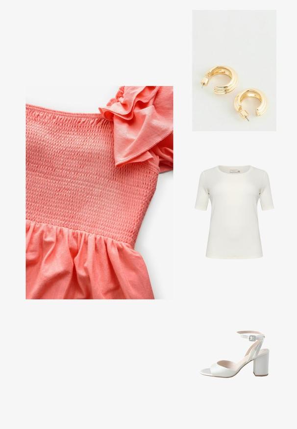Camiseta de manga corta en color blanco roto, fabricada en algodón suave. Presenta un escote redondo y una textura lisa y sin costuras. Sin acentos notables.; Un vestido coral con un cuerpo fruncido y mangas con volantes, hecho de una tela suave. La falda tiene una textura fruncida.; Sandalía blanca de tacón alto con una parte superior de satén brillante, tacón ancho y tira de tobillo con una pequeña hebilla. Textura suave, diseño minimalista.; Bolso de mano metálico plateado con forma estructurada, que presenta un asa superior y un detalle de lazo en el frente. Textura suave y acabado reflectante.; Pendientes de aro en tono dorado con un acabado pulido, que presentan un diseño estriado y un cierre de poste. Forma redonda y gruesa.