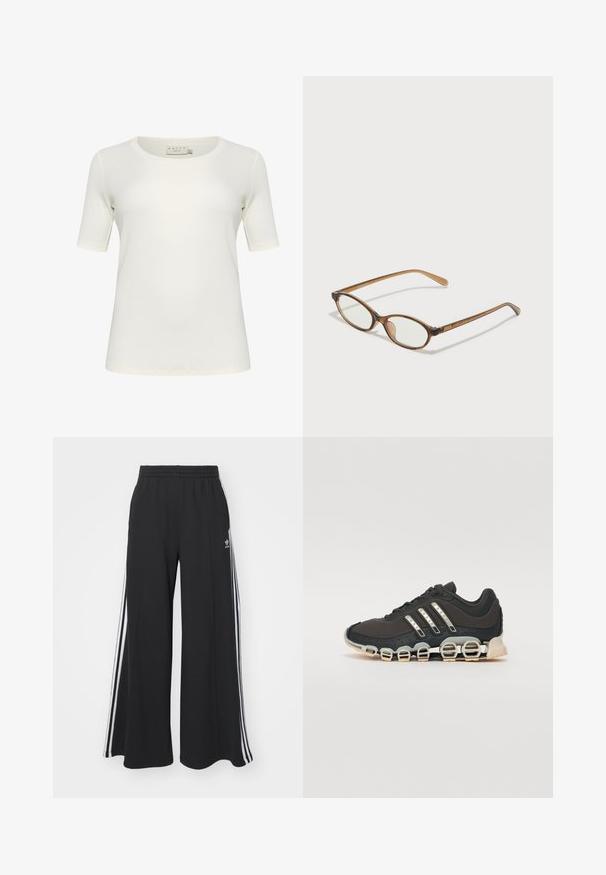 Kurzarm-T-Shirt in Off-White, aus weicher Baumwolle gefertigt. Hat einen runden Halsausschnitt und eine glatte, nahtlose Textur. Keine auffälligen Akzente.; Schwarze weite Sweatpants mit elastischem Bund, versehen mit weißen Seitestreifen und einem gestickten Logo auf dem linken Oberschenkel.; Schwarzer Sportschuh mit einer strukturierten Oberseite, drei silbernen Streifen und einer markanten Dämpfungssohle mit mehreren integrierten Sektionen.; Braune Schildpatt-Brille mit ovalen Gläsern, dünnen Bügeln und transparenten Akzenten. Verfügt über ein dezentes Logo am Bügel. Elegantes, leichtes Design.; Schwarze Lederhandtasche mit zwei kurzen Griffen, silbernem Zubehör, weißen Akzenten und einem weißen Logo. Verfügt über eine strukturierte Oberfläche und ein kompaktes Design.