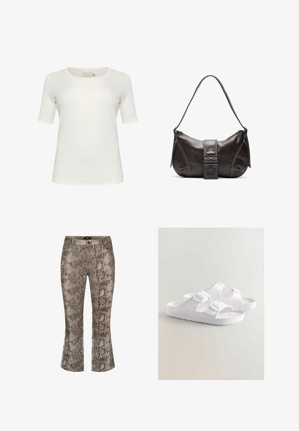Kurzarm-T-Shirt in Off-White, aus weicher Baumwolle gefertigt. Hat einen runden Halsausschnitt und eine glatte, nahtlose Textur. Keine auffälligen Akzente.; Schlangenhautmuster mit ausgestellten Jeans in gedämpften Beige- und Brauntönen. Denim-Material mit strukturierter Oberfläche. Standard-Design mit fünf Taschen und Reißverschluss vorne.; Weiße Sandalen mit zwei verstellbaren Schnallen, flacher Sohle und einem strukturierten Rutschmuster. Hergestellt aus leichtem, flexiblem Material.; Braune Lederumhängetasche mit gebogener Form, die mit einem auffälligen Schnallendetail, kontrastierenden Nähten und einem einzigen Schulterriemen ausgestattet ist.; Goldene Creolen mit einem schlanken, offenen Loop-Design. Glatte Textur mit einem polierten Finish, ohne Verzierungen oder Muster.