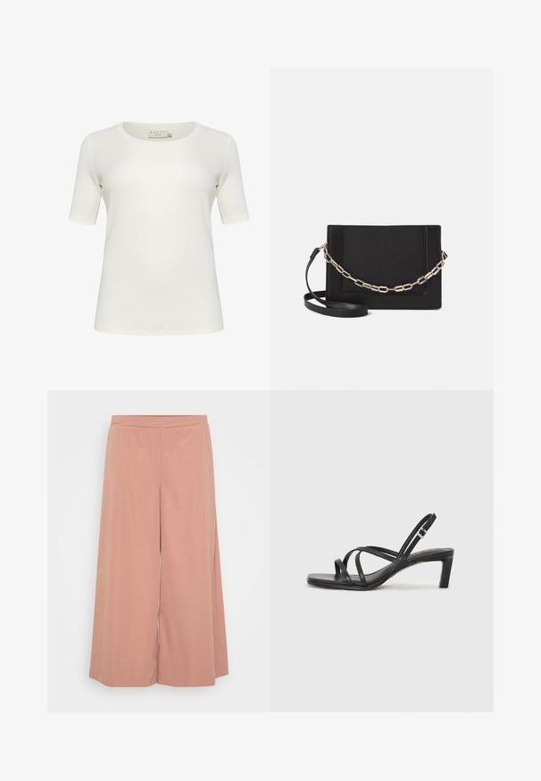 Trumpas rankovės marškinėliai kreminės spalvos, pagaminti iš minkštos medvilnės. Turi apvalų iškirpimą ir glotnią, be siūlių tekstūrą. Jokių ryškių akcentų.; Rožinės plačios kelnės, pagamintos iš minkštos medžiagos, su elastinga juosmens juosta, glotnia tekstūra ir laisva, purių dizainu.; Juodi šlepetės su kvadratiniu pirštu ir žemu bloku kulnu. Yra keli ploni dirželiai ir reguliuojamas kulkšnies diržas. Pagaminti iš lygios odos.; Juodas odinis per petį nešiojamas krepšys turi lygų paviršių, stačiakampio formą ir metalinę grandinėlę priekyje. Pridedama reguliuojama dirželis.; Sidabrinis dvigubas žiedas su lygiu, poliruotu paviršiumi. Pasižymi sklandžiu, kreiptu dizainu su persipinančiomis dalimis, suteikiančiomis modernų išvaizdą.