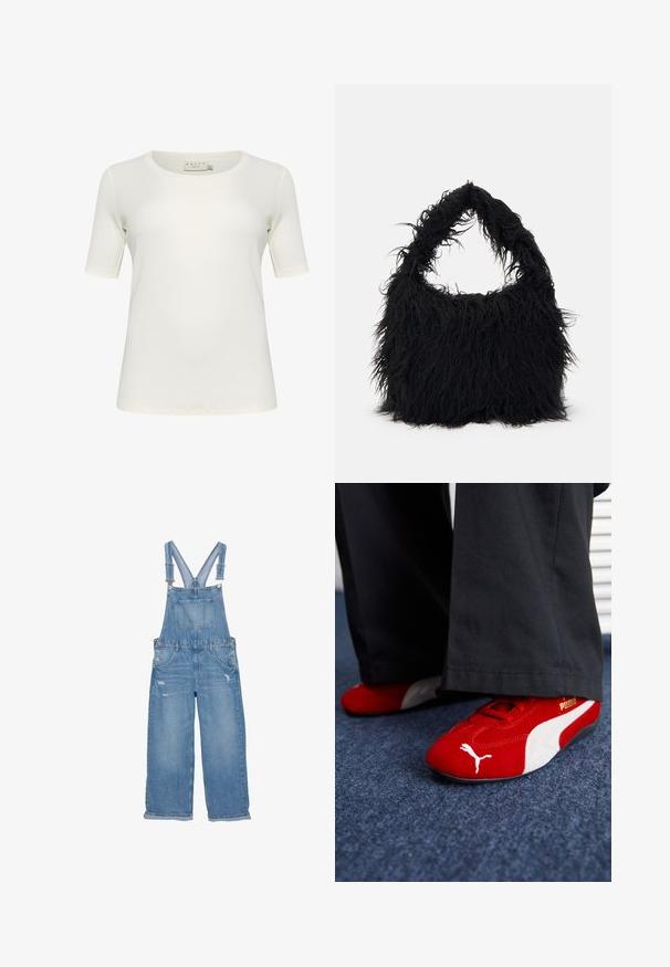 Short-sleeve t-shirt in off-white, made from soft cotton. Features a round neckline and a smooth, seamless texture. No notable accents.; Denim overalls in light blue, featuring adjustable straps, front bib pocket, side buttons, and distressed detailing on the legs.; Red suede sneakers with white accents, featuring textured material, round toe, and a gold logo on the side, worn with black pants.; Even&Odd Tote bag - black