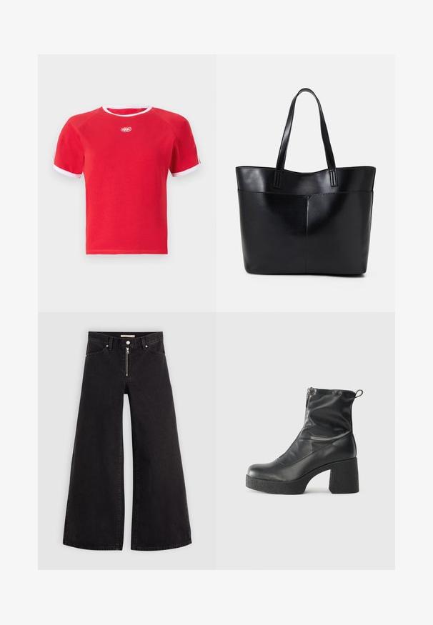 Red cotton t-shirt with white trim at the collar and sleeves. Features a round neck and a logo in the center. Short-sleeved design.; Wide-leg jeans in black denim with a zippered front, five-pocket design, and subtle stitching details. Smooth texture and casual style.; Black ankle boots made of smooth leather, featuring a side zipper, chunky textured heel, and rounded toe design.; Black leather tote bag with two long handles, a smooth texture, and a structured shape. Features a front pocket for additional storage.