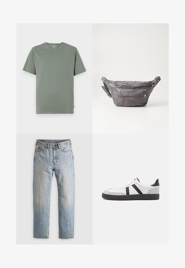 Krátky rukáv tričko svetlozelené, vyrobené z mäkkého materiálu, s okrúhlym výstrihom a prešitým lemom, bez viditeľných vzorov alebo dizajnov.; Svetlomodré džínsy s vysokým pásom, predným gombíkom, zipsom a dizajnom s piatimi vreckami, rozložené na neutrálnom pozadí.; Biele tenisky s čiernymi a šedými akcentmi, s textúrovanou šedou špičkou, čiernou gumovou podrážkou a plochými bielymi šnúrkami. Čistý dizajn, minimalistický štýl.; Sivá semišová ľadvinka s okrúhlym tvarom, dvoma zipsovými priehradkami a nastaviteľným popruhom. Obsahuje kovové prvky.