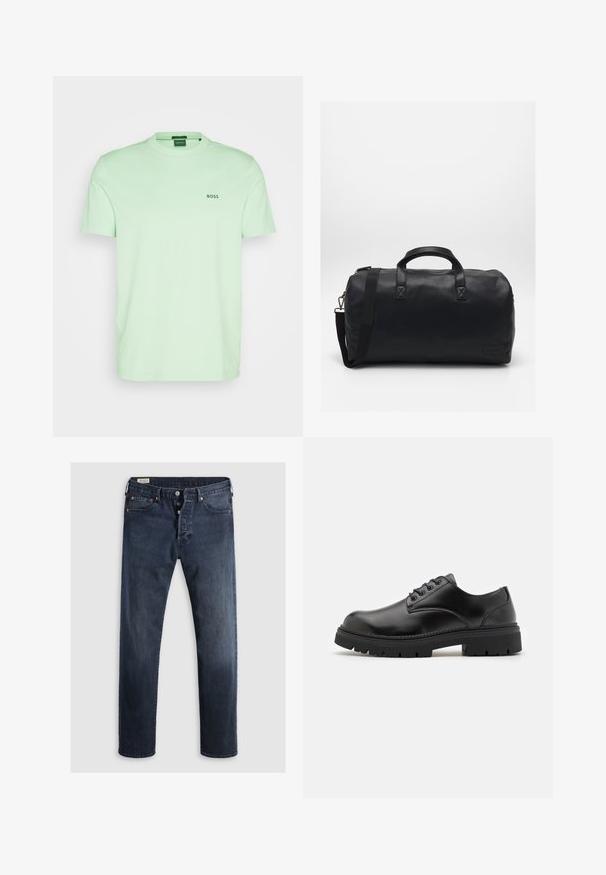 BOSS TEE - Paprasti marškinėliai - open green; Tamsiai mėlyni džinsai su tiesiomis kojomis, turintys užtrauktuką, metalinius mygtukus ir vario krovinio akcentus. Lygi tekstūra, be matomų raštų.; Juodi odiniai bateliai su apvaliu nosiu, raištelių užsegimu ir storu, tekstūruotu guminėmis padais. Yra siuvinėjimas per kraštą ir lygus paviršius.; Juodas sportinis krepšys, pagamintas iš tekstūruotos sintetinės medžiagos. Yra du rankenoms ir reguliuojama petneša. Paprastas dizainas be matomų raštų.