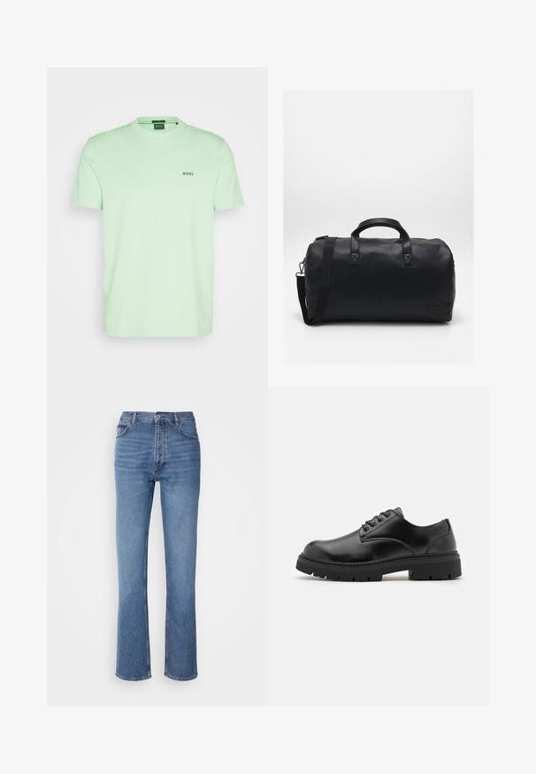 BOSS TEE - T-shirt básica - open green; Jeans de ganga azuis com cintura alta, design de perna reta e um desbotado subtil. Apresenta o clássico estilo de cinco bolsos e um fecho com fecho éclair.; Sapatos de couro pretos com bico arredondado, design de atacador e sola de borracha espessa e texturizada. Apresenta costuras ao longo da borda e um acabamento liso.; Mala de duffel preta feita de material sintético texturizado. Apresenta duas alças e uma correia de ombro ajustável. Design simples sem padrões visíveis.