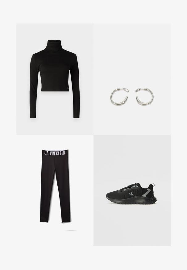 Top negru, cu guler înalt, cu maneci lungi si tiv scurt; prezinta un eticheta mică cu logo în partea stângă jos. Textură netedă.; Leggings negre cu un logo alb "CALVIN KLEIN" pe talie. Material neted, design mulat, cu accente din plasă la glezne.; Adidași negri, cu talpă joasă, dintr-un material respirabil, cu șireturi, talpă texturată și logo-ul "cK" pe lateral.; Cercei din argint în formă de cerc, cu un design neted și rotunjit, având un finisaj lucios. Prezintă o formă minimalistică cu o ușoară deschidere.