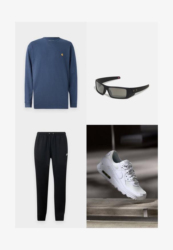 Tengerészei hosszúujjú pamut póló kerek nyakkal, kis arany logóval a bal mellen. Puha textúra, standard szabás.; Fekete tréningnadrág, puha anyagból, rugalmas derékkal és húzózsinórral, szűkített bokákkal és egy kis logóval az oldalon.; Fehér Nike Air Max 90 sneaker, amely hálós és bőr felsőrésszel, perforált orr-résszel és látható légpárnás egységgel rendelkezik a saroknál.; Fekete napszemüveg matt felülettel, téglalap alakú lencsékkel, enyhe ívvel a templomokon, diszkrét logó részlettel és füstszínű lencsékkel.