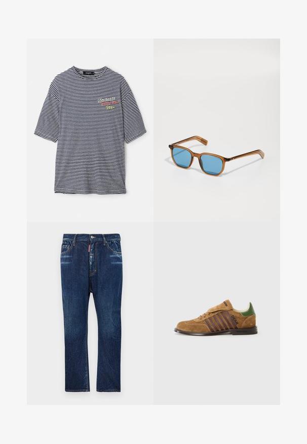 Pruhované tričko s horizontálními námořnickými a bílými pruhy, krátkými rukávy, kulatým výstřihem a barevným vyšívaným textem na hrudi.; Tmavě modré džíny s rovnými nohavicemi, které mají světlé vyblednutí, žluté prošívání, přední kapsy a zapínání na knoflík.; Hnědé semišové tenisky s tmavě fialovými pruhy, zeleným zadním poutkem a šněrovacím designem. Mají texturovaný povrch a gumovou podrážku.; Hnědé sluneční brýle s plastovým rámem a modrými skly, čtvercového tvaru, tenké nožičky, texturované detaily na spáncích a lesklý povrch.