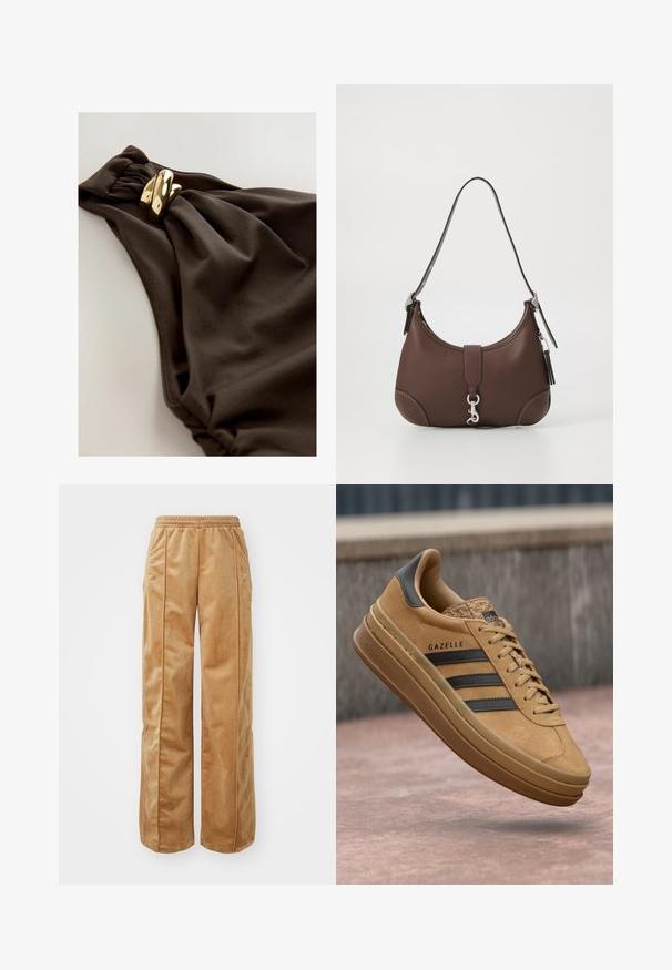 Bañador marrón oscuro con un diseño de tela recogida y un acento retorcido, además de detalles en metal dorado. Textura suave.; Pantalones de pierna ancha en tono beige, fabricados con un material suave y aterciopelado. Cuentan con una cinturilla elástica y costuras verticales en la parte delantera para un detalle adicional.; Zapatillas de ante color tostado con una textura suave, que cuentan con tres rayas oscuras, una puntera redondeada y una suela más gruesa con un borde estampado.; Bolso de cuero marrón con forma redondeada, herrajes plateados y costuras decorativas. Cuenta con una correa para el hombro y cierre de broche.