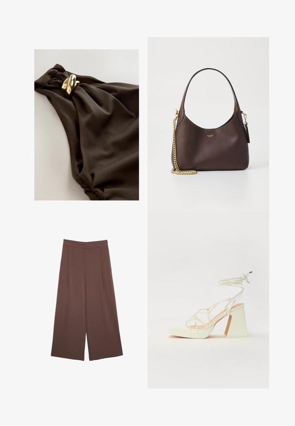 Tamno smeđi kupaći kostim s naboranim dizajnom tkanine, ukrašen zavojem i detaljima od metalne legure zlatne boje. Glatka tekstura.; Smeđe hlače širokog kroja s glatkom teksturom, koje imaju visok struk i nabore sprijeda. Tkanina je lagana i slobodno se kreće.; Bijela sandala na visokoj potpetici s debelim petom, s remenom i vezanjem oko gležnja. Glatka tekstura s platformom sprijeda za dodatnu visinu.; COACH BROOKLYN SHOULDER BAG 23 - Ručna torba - maple