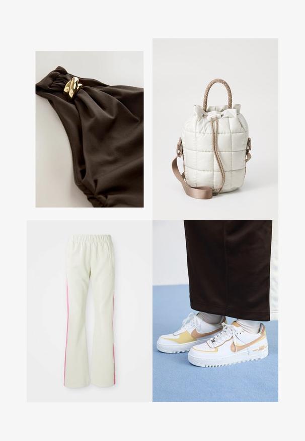 Tummanruskea uimapuku, jossa on kerrostettu kankaan muotoilu, kierrekoriste ja kultaharkkiset metalliyksityiskohdat. Sileä pinta.; Vaaleanbeige housut, joissa on joustava vyötärö, pinkit sivupaneelit ja sivutaskut. Silkkinen tekstuuri suoran lahkeen muotoilulla.; Valkoiset nahkakengät, joissa on kultaisia yksityiskohtia. Niissä on rei'itetty kärki, litteät nauhat ja paksu kumipohja, jossa on "AIR"-logo sivussa.; Pussi vaaleanbeige, tikkikuvioitu laukku, jossa on kiristettävä suuosa, punottu kahva ja irrotettava hihna. sileä rakenne, jossa on pehmeä kiilto.