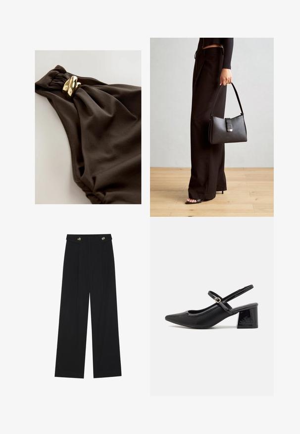 Maillot de bain brun foncé avec un design en tissu froncé, accent tordu et détails en métal doré. Texture lisse.; Pantalons larges noirs à taille haute, avec des détails de boutons à la taille et des plis sur le devant.; Escarpins slingback en cuir verni noir avec un embout pointu, un design à découpes arrondies et un talon carré. Présente un accent de boucle en ton doré.; Sac à main noir à la forme structurée, texture lisse et fermoir métallique. Associé à un pantalon noir ample et des sandales ouvertes sur un sol en bois.