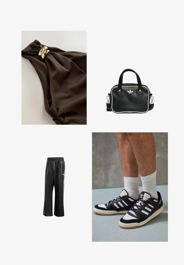 Maillot de bain brun foncé avec un design en tissu froncé, accent tordu et détails en métal doré. Texture lisse.; Pantalons de sport synthétiques noirs avec une taille élastique, dotés de rayures blanches sur les côtés et d'un petit logo blanc sur la hanche gauche.; Baskets noir et blanc avec une tige en suède et cuir, comportant trois rayures blanches, un bout perforé et une semelle en caoutchouc gum.; Sac à main en cuir noir avec deux poignées courtes, quincaillerie argentée, accents blancs et un logo blanc. Présente une surface texturée et un design compact.