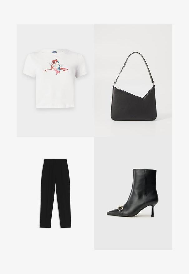 White cropped t-shirt made of cotton, featuring a graphic print of a character with red hair and pink accents, round neckline, short sleeves.; Black trousers with a straight fit, featuring double pleats, a smooth texture, and a classic waistband design. No visible hardware or accents.; Black leather ankle boot with pointed toe, slim mid-height heel, and silver buckle detail on side against plain background.; Black leather handbag with a triangular shape, a slim strap, and silver hardware. Features a zip closure and embossed logo on the front.
