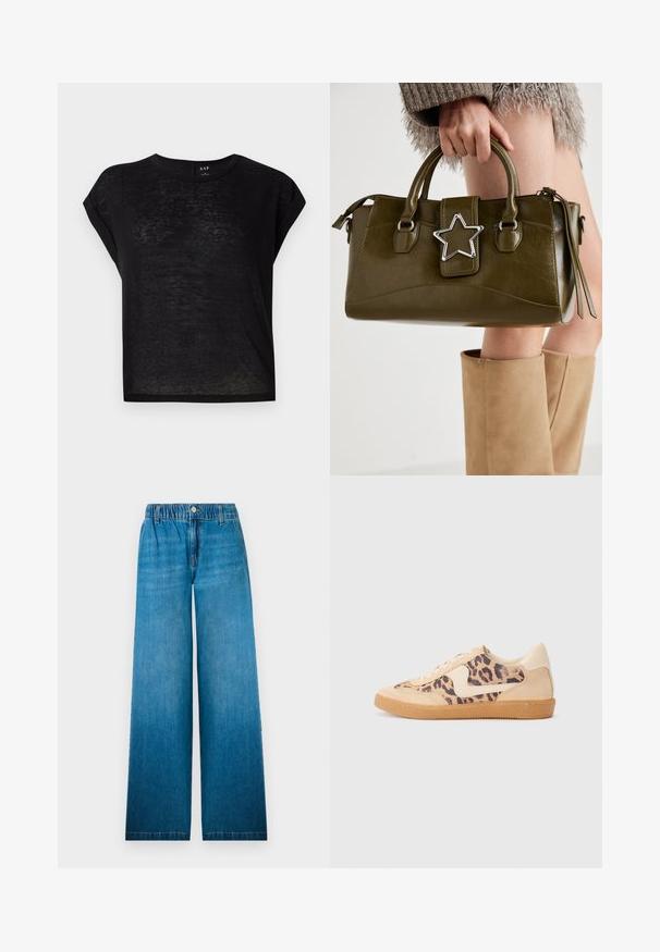 Black short-sleeve t-shirt with a relaxed fit. Made of lightweight, slightly sheer fabric. Features a round neckline and rolled sleeves.; Wide-leg jeans made of light blue denim, featuring an elastic waistband, a button closure, and a straight cut design with a faded effect.; Leopard print sneakers with beige suede upper, tan rubber sole, and white accents. Round toe and lace-up design with a textured finish.; Olive green faux leather handbag with silver star accent, dual handles, and a zip closure. Textured surface and structured shape.