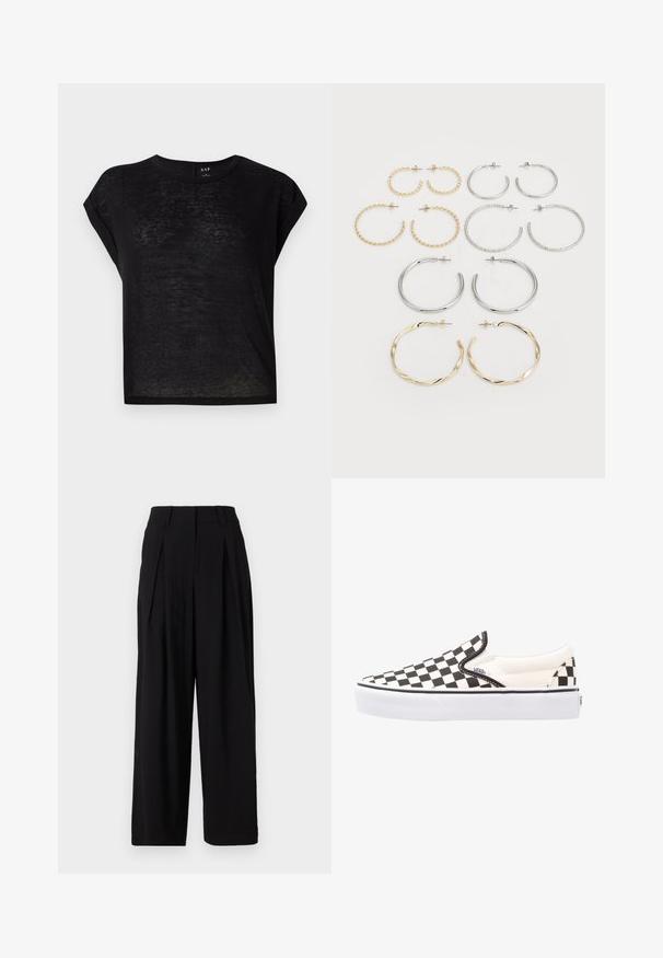 Fekete, rövid ujjú póló, laza szabással. Könnyű, enyhén átlátszó anyagból készült. Kerek nyakkivágással és felgöngyölt ujjal rendelkezik.; Fekete, széles szárú nadrág sima anyagból, magas derékkal, elülső plisszékkel és áramló szilhuettel.; Fekete-fehér kockás slip-on Vans cipők vászon felsőrésszel, gumitalppal és párnázott bokavéggel. Lapos, kerek orr és fehér talprész.; Tizenkét darabból álló fülgyűrű készlet ezüst és arany árnyalatokban. Csavarodott, sima és texturált mintázatokat ölel fel, különböző méretekben és felületekkel.