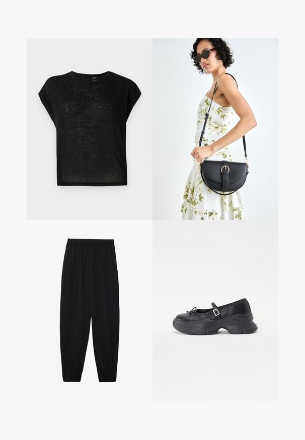Camiseta negra de manga corta con un corte relajado. Está hecha de una tela ligera y ligeramente transparente. Presenta un escote redondo y mangas enrolladas.; Pantalones negros, ligeros, con cintura elástica y tobillos fruncidos. La tela es suave y presenta un diseño relajado y ajustado.; Zapato Mary Jane de cuero negro con punta redondeada, detalle de lazo y correa ajustable en el tobillo. Presenta una suela de goma gruesa con acentos curvados.; Bolso de piel negra con forma curva, correa desmontable y herrajes dorados. El bolso cuenta con una solapa con un detalle de hebilla.