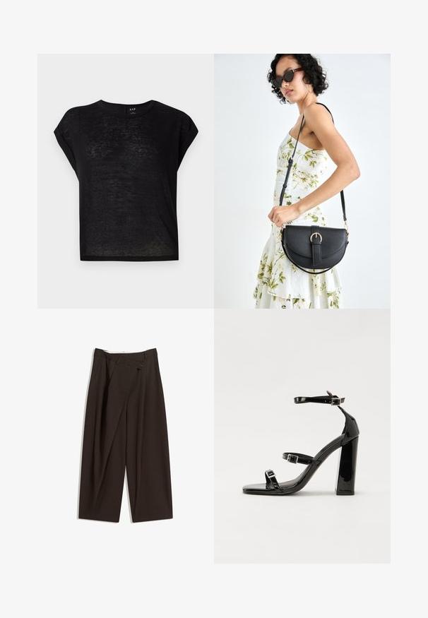 Svart t-shirt med kort ärm och avslappnad passform. Tillverkad av lätt, något genomskinlig tyg. Har rund halsringning och uppvikta ärmar.; Mörkbruna vida byxor med hög midja, med en enkel knappstängning och plisserad front. Tillverkade av lätt tyg.; Svarta lackerade högklackade sandaler med två spännband, fyrkantig tå och en tjock klack, med en slät och glansig yta.; Svart läderhandväska med en böjd form, avtagbar rem och guldiga detaljer. Väskan har ett lock med en spänndetalj.